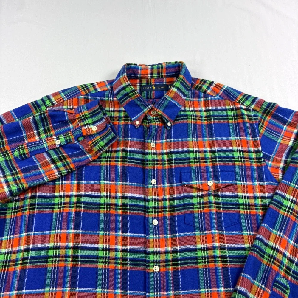 Polo Ralph Lauren Flannel Shirt Mens 2XL Blue Plaid Button Up Long Sleeve Casual